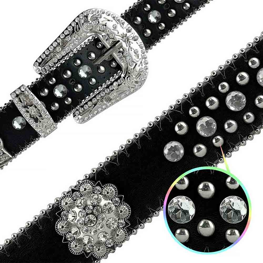 Black Flower With Studs And White Stones Studded Rhinestones Belts