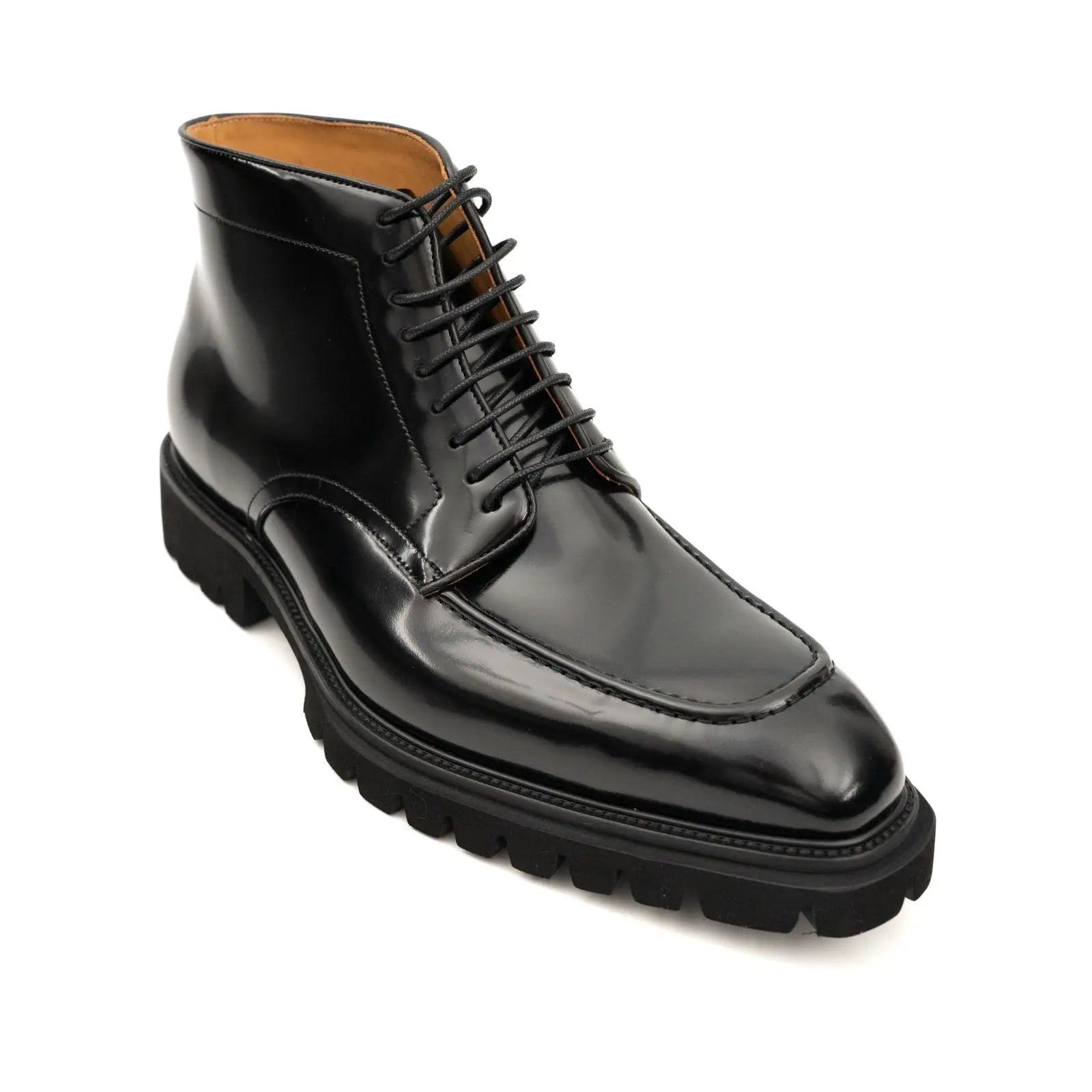 Divinch Black Patent Calfskin Lace Up Lug Sole Boot