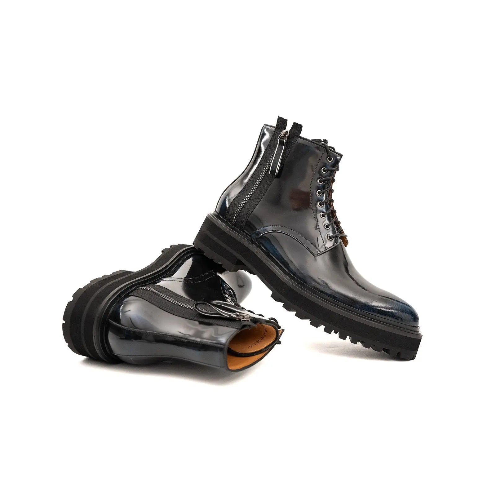 Patent Leather Side Zip Combat Boot Electric Blue Gloss Finish