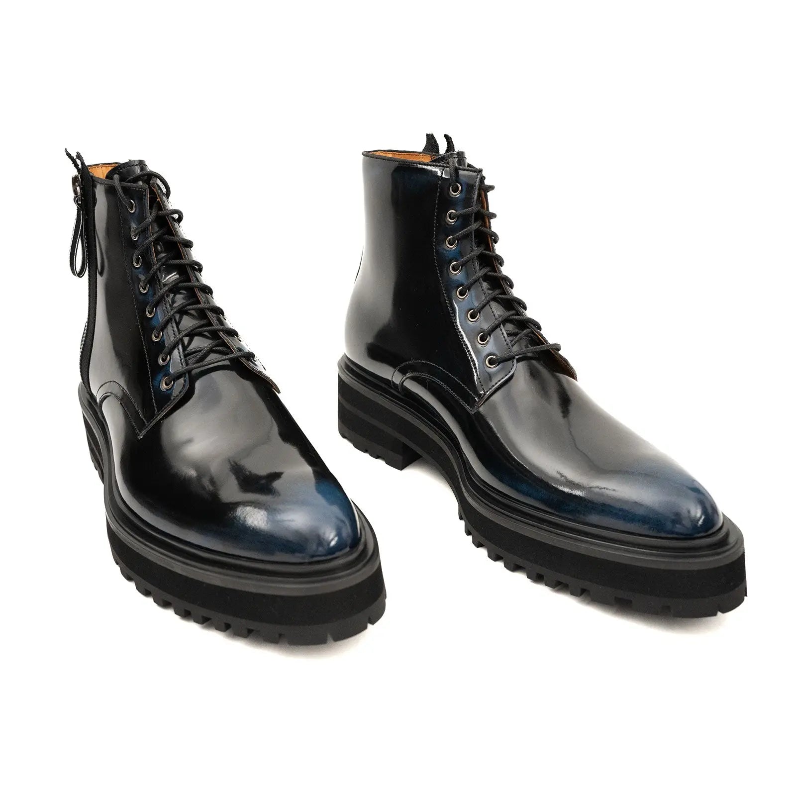 Patent Leather Side Zip Combat Boot Electric Blue Gloss Finish