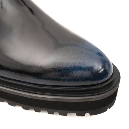 Patent Leather Side Zip Combat Boot Electric Blue Gloss Finish