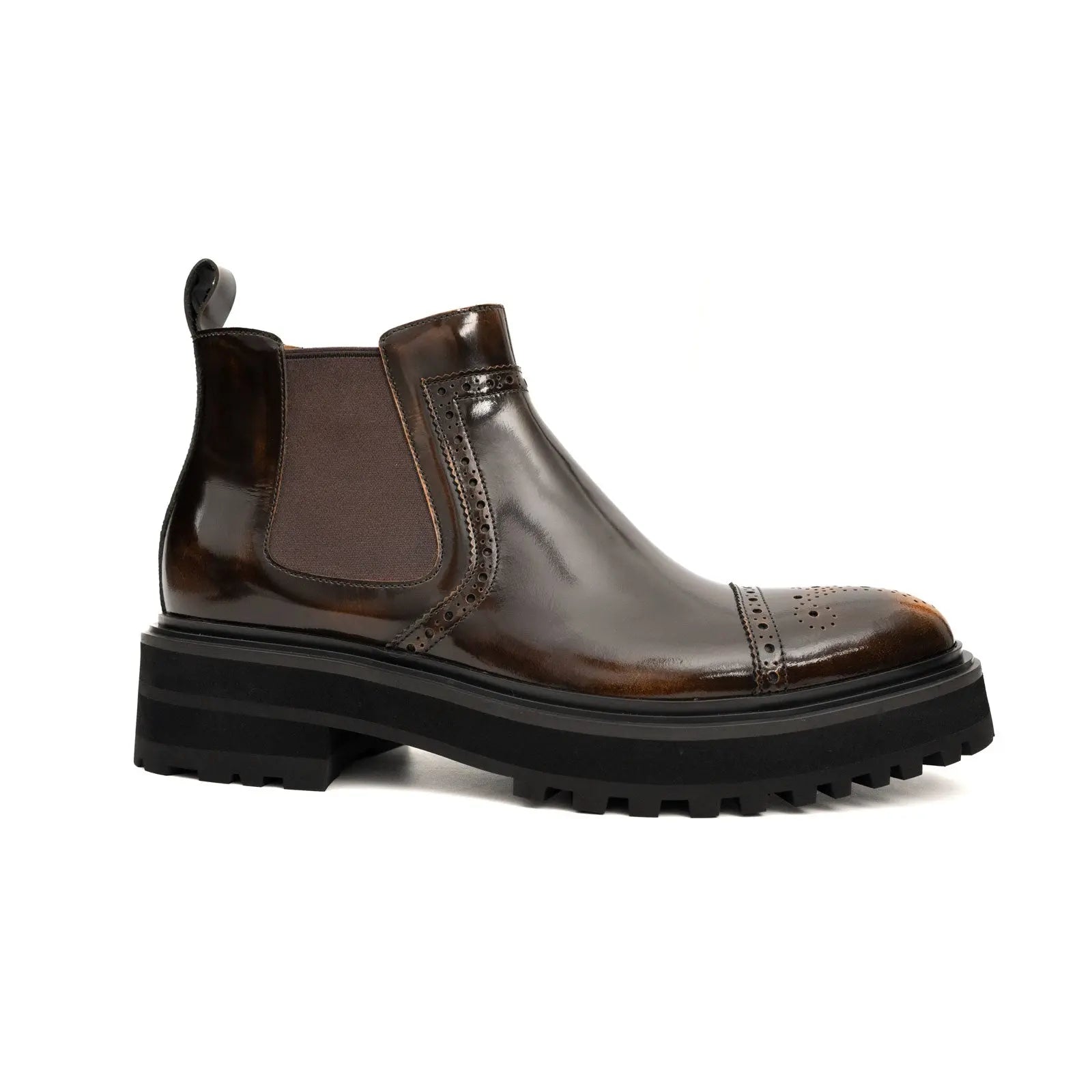 DIVINCH Brogue Chelsea Boot Platform Lug Sole Burnished Calfskin Leather
