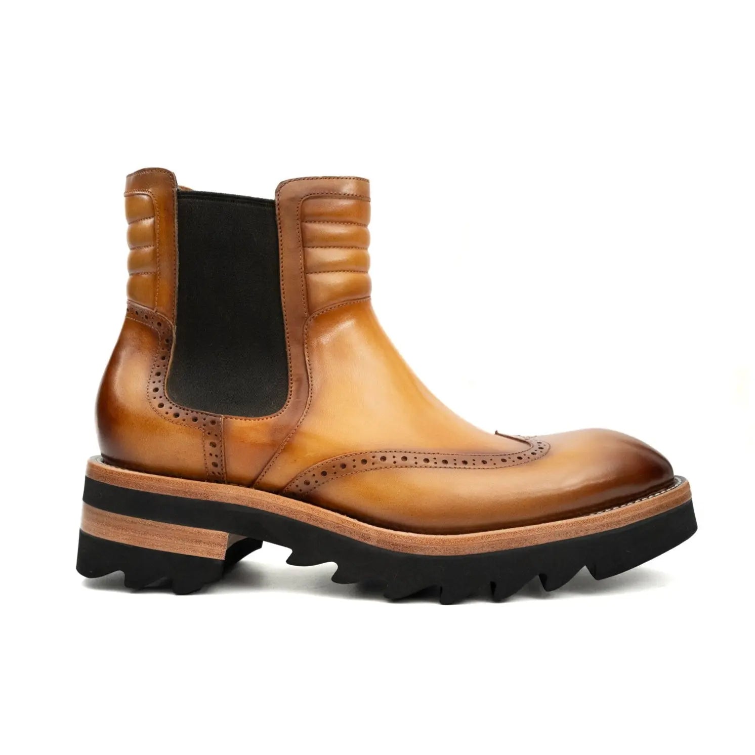DIVINCH Burnished Calfskin Brogue Platform Chelsea Boot Cognac