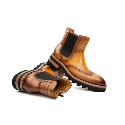 DIVINCH Burnished Calfskin Brogue Platform Chelsea Boot Cognac