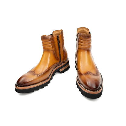 DIVINCH Burnished Calfskin Brogue Platform Chelsea Boot Cognac
