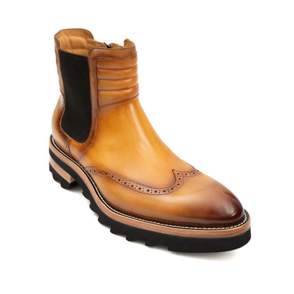 DIVINCH Burnished Calfskin Brogue Platform Chelsea Boot Cognac