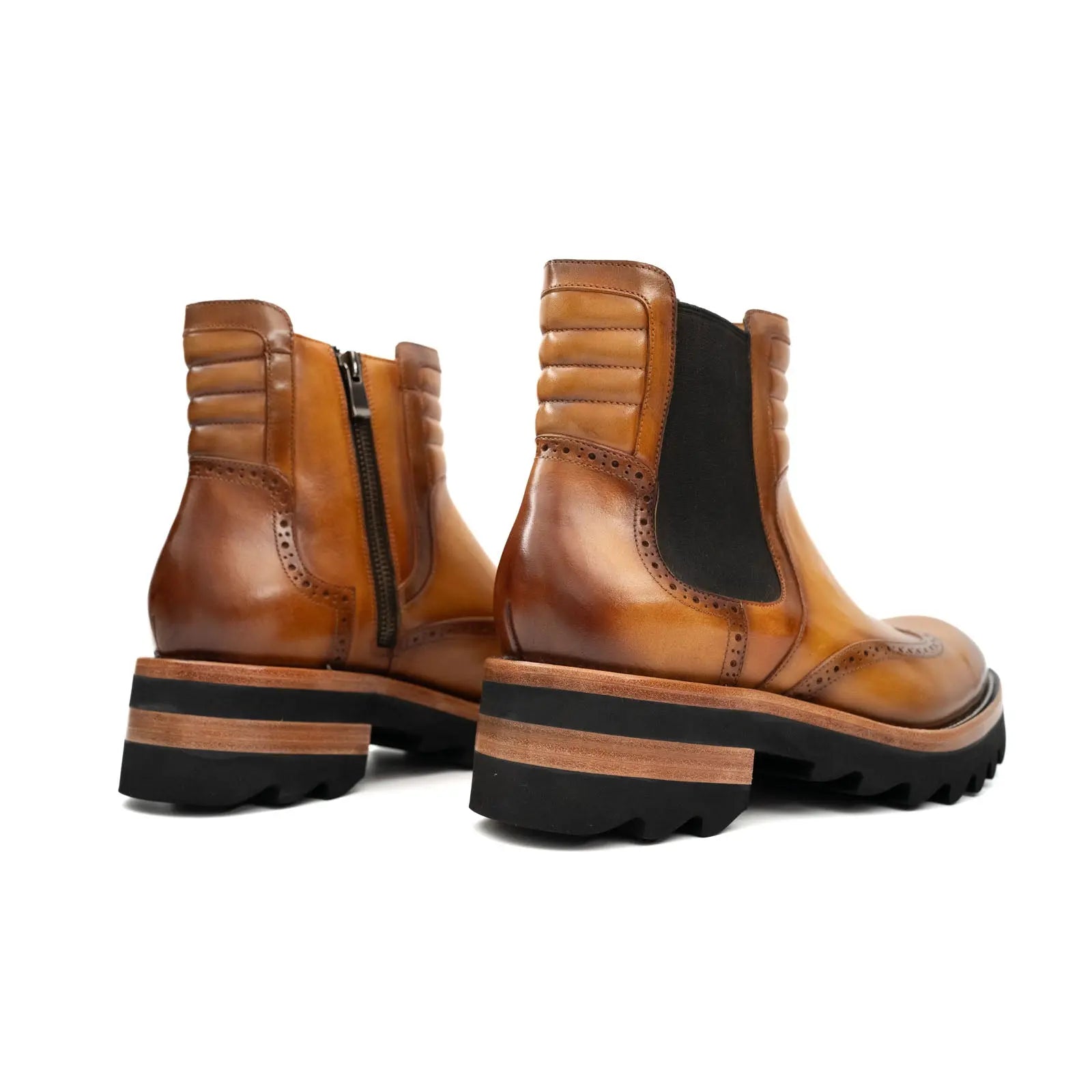 DIVINCH Burnished Calfskin Brogue Platform Chelsea Boot Cognac