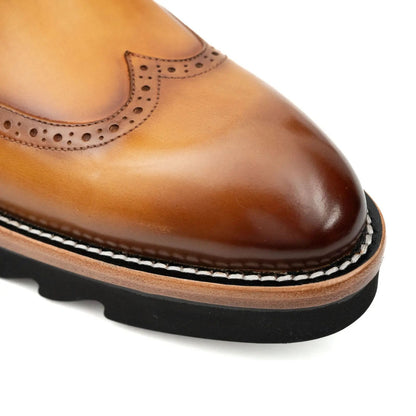 DIVINCH Burnished Calfskin Brogue Platform Chelsea Boot Cognac