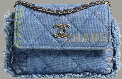 CHANEL (PRELOVED) DENIM MOOD FLAP MICRO LOGO PRINTED FRINGED SHOULDER BAG