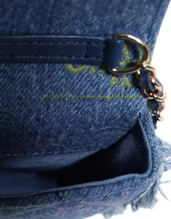 CHANEL (PRELOVED) DENIM MOOD FLAP MICRO LOGO PRINTED FRINGED SHOULDER BAG