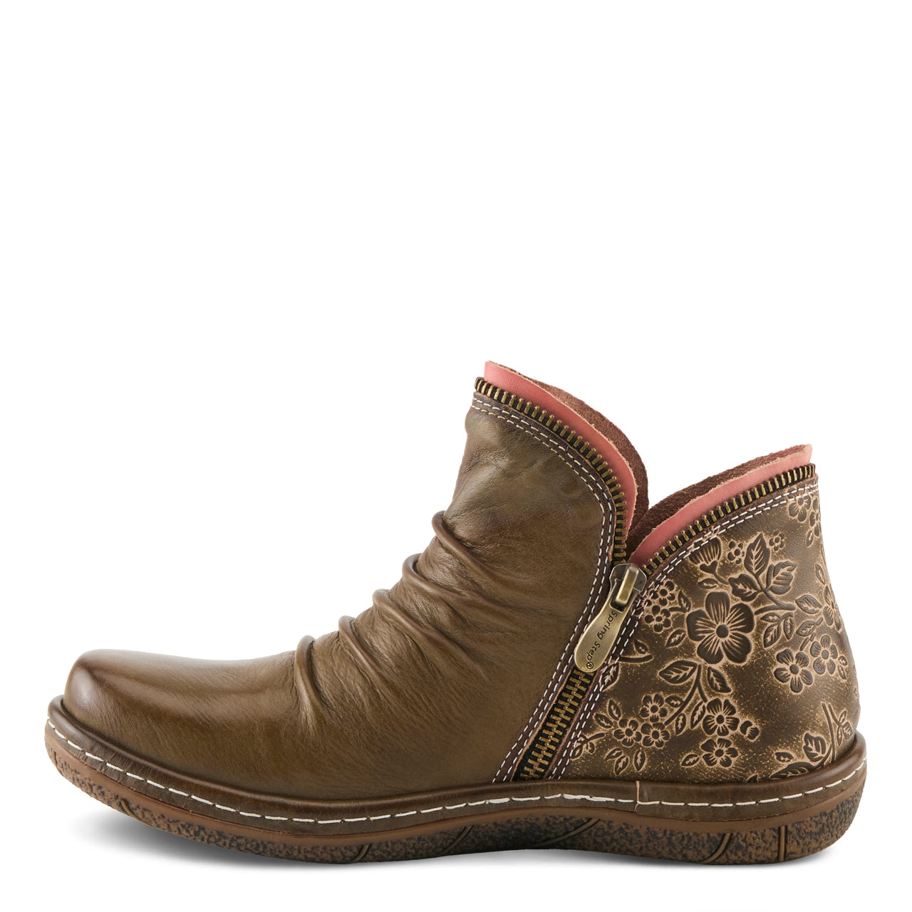 L'ARTISTE CHESAPEAKE BOOTS in brown leather with intricate floral embroidery and stacked heel