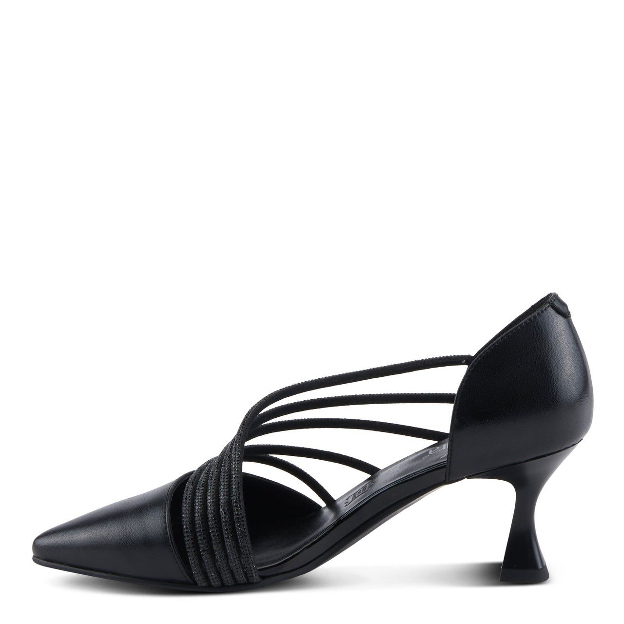 Black patent leather high heel shoes with pointed toe and ankle strap