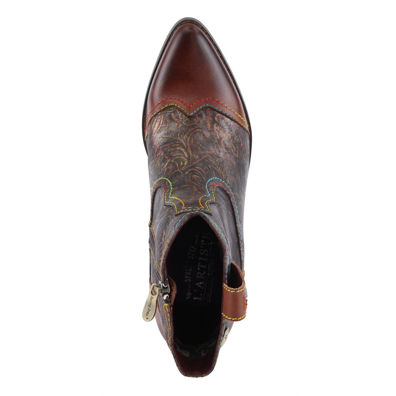 Close-up of the hand-painted floral patterns on the L'ARTISTE COUNTRYPOP-ROSE BOOTS