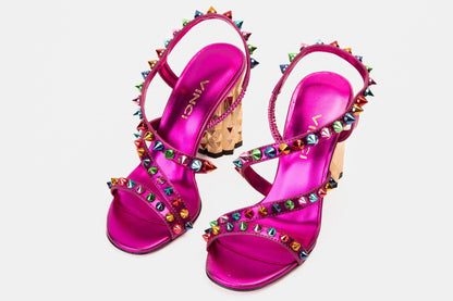 The Caris Fuchsia Block Heel Spike Leather Women Sandal Final Sale!