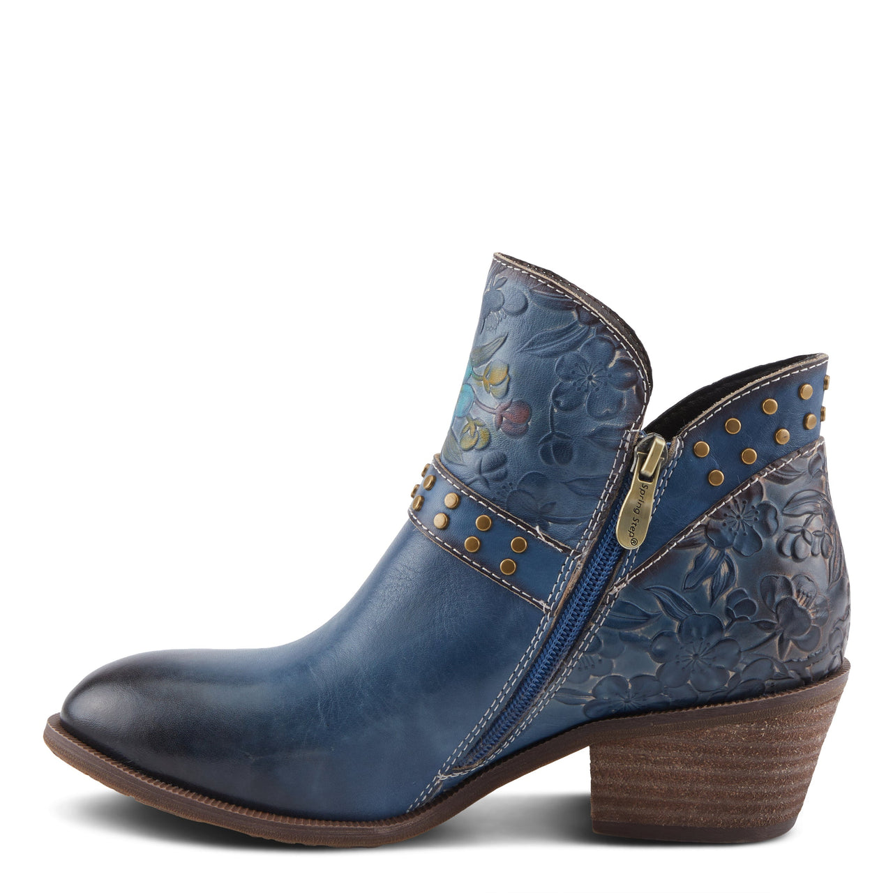 A pair of hand-painted leather L'Artiste Daintylady boots in vintage style with unique floral embroidery and stacked heel