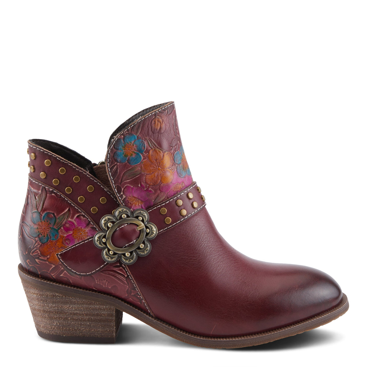 Pair of handcrafted L'Artiste Daintylady boots in rich brown leather with intricate stitching and elegant floral embellishments