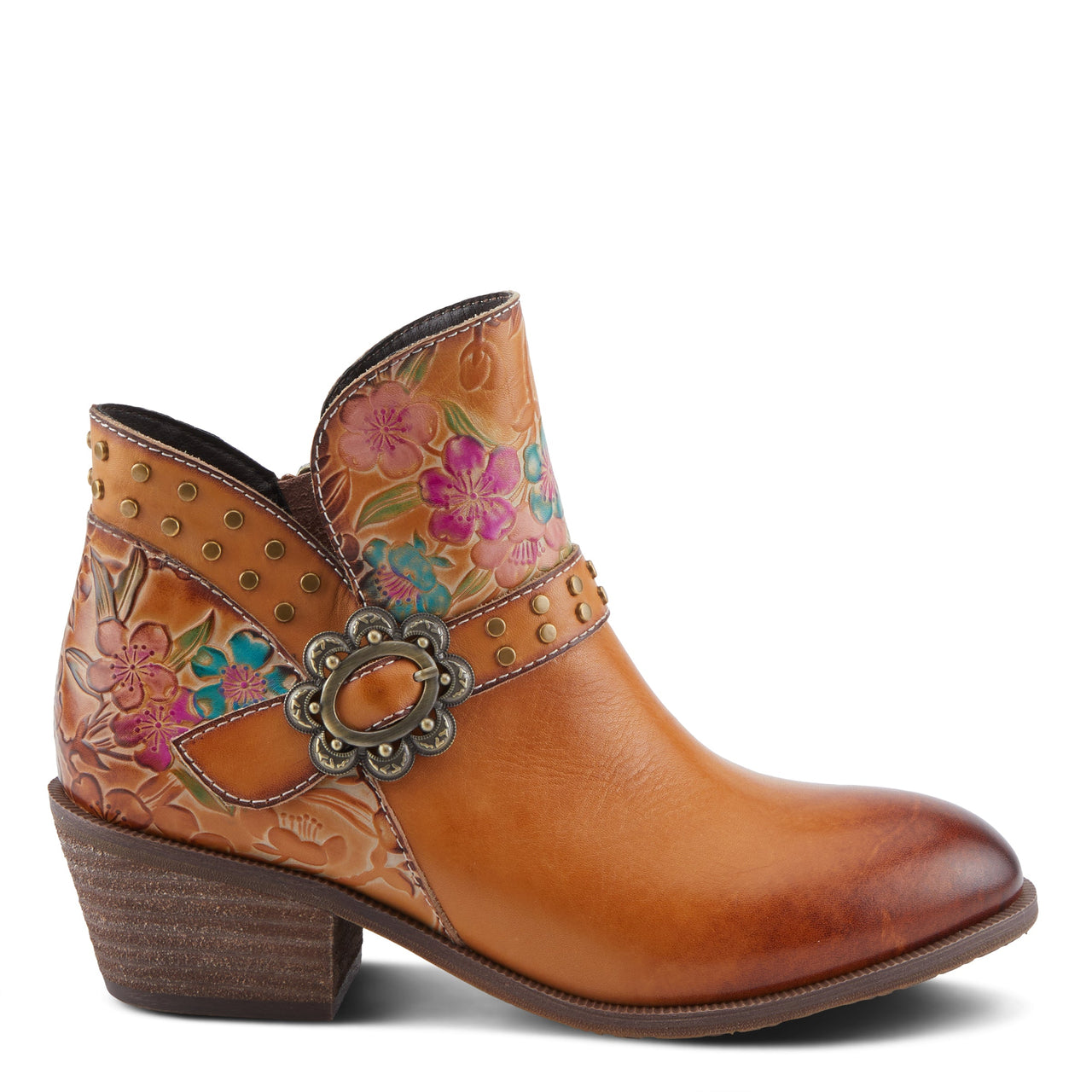 Beautiful and elegant L'Artiste Daintylady boots in rich brown leather with intricate floral detailing and comfortable stacked heels for stylish and confident women