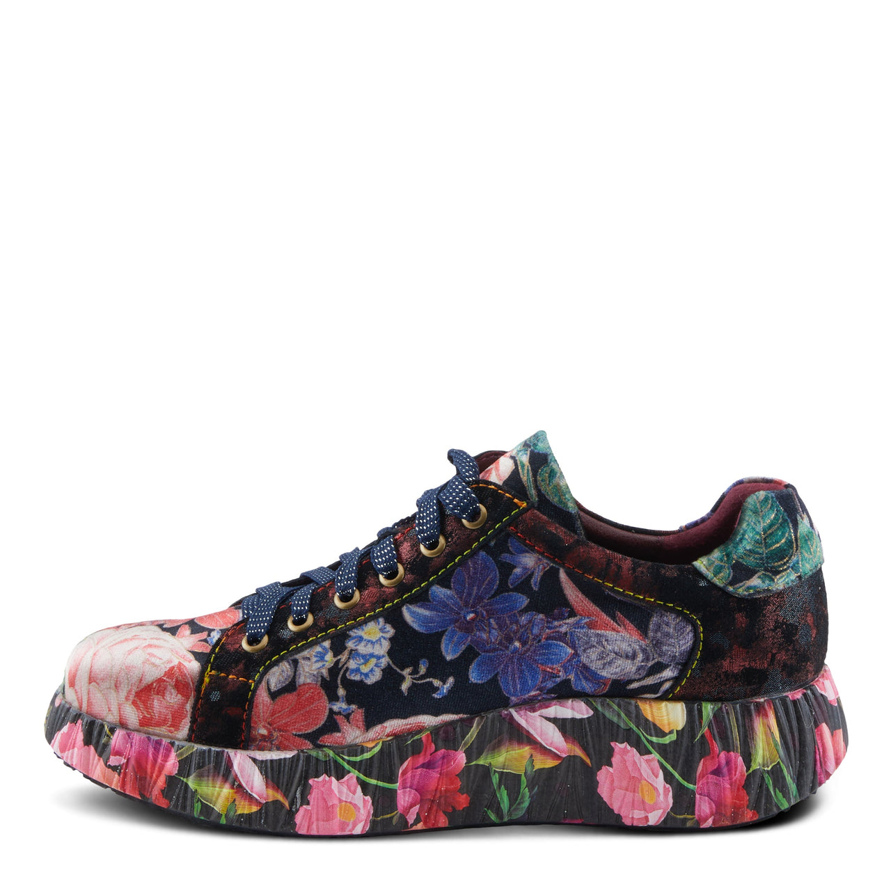 A close-up image of the L'ARTISTE DALLYN SNEAKERS, featuring a vibrant and intricately designed shoe with floral patterns and embellishments on a white background