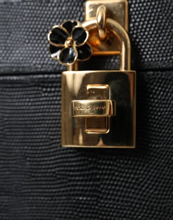 DOLCE & GABANA BLACK LIZARD EMBOSSED CALFSKIN LEATHER DOUBLE BOX BAG