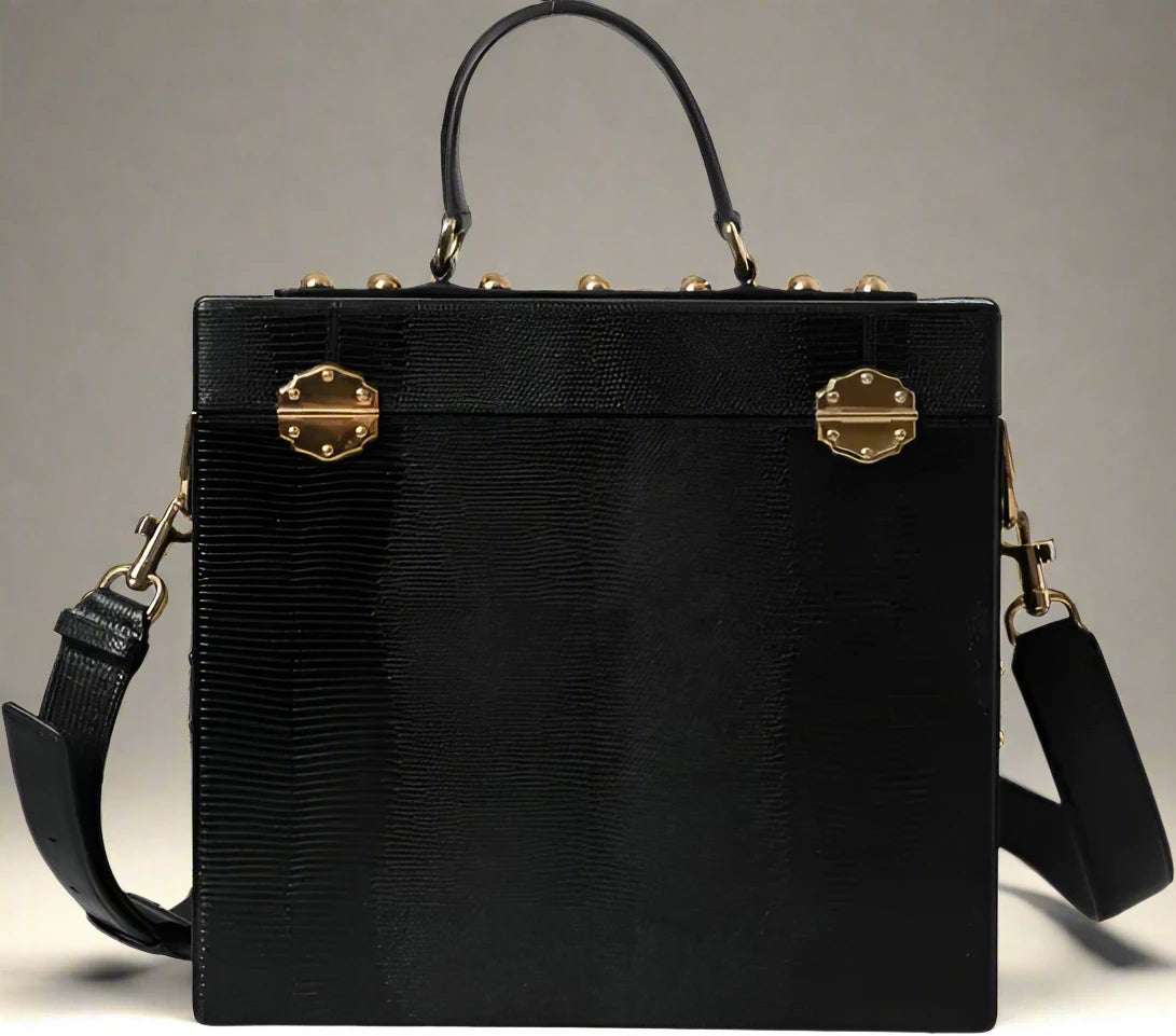 DOLCE & GABANA BLACK LIZARD EMBOSSED CALFSKIN LEATHER DOUBLE BOX BAG