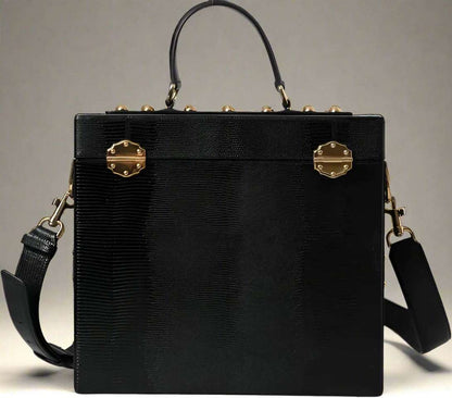 DOLCE & GABANA BLACK LIZARD EMBOSSED CALFSKIN LEATHER DOUBLE BOX BAG