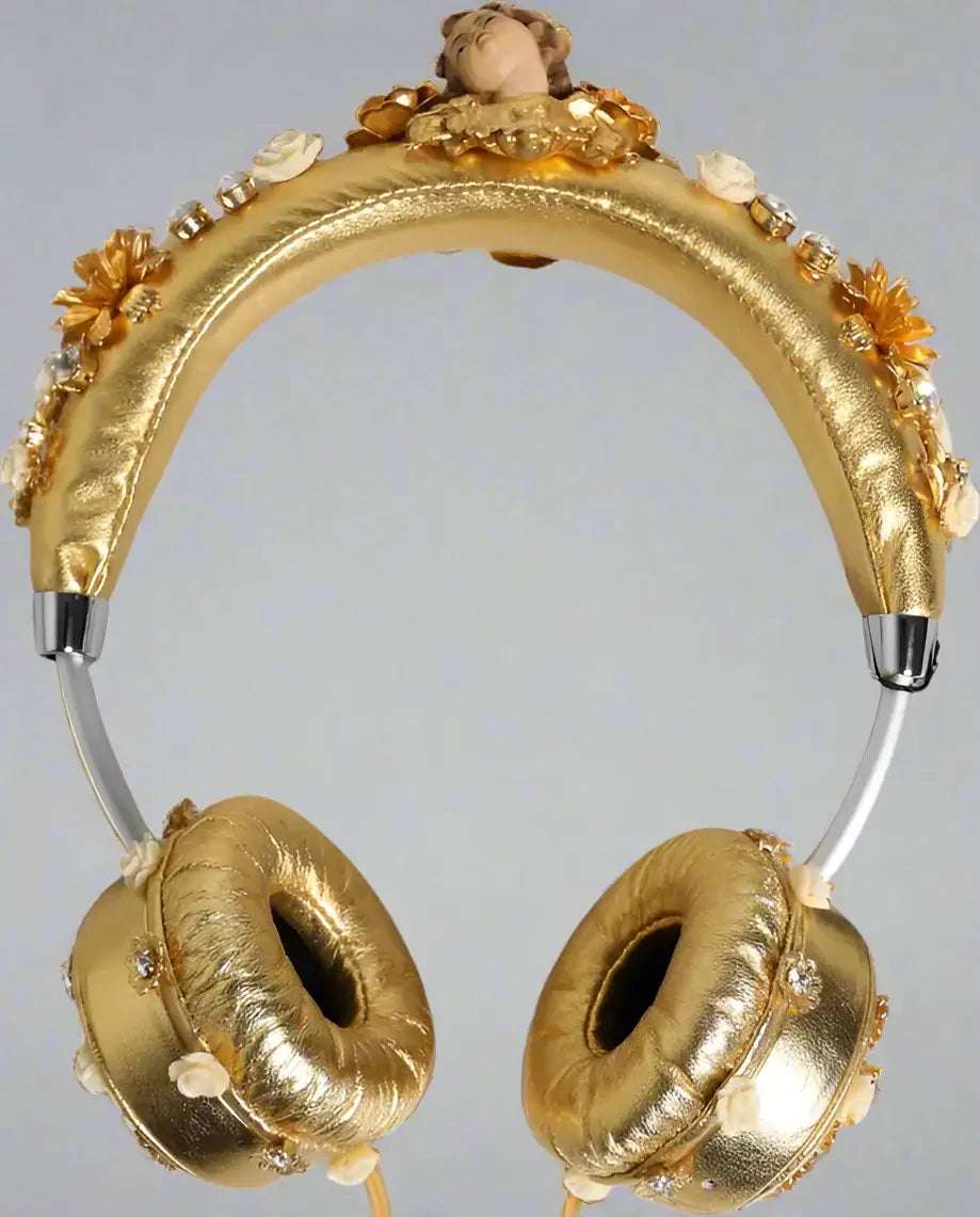 Dolce & Gabbana Gold Leather Floral Crystal Angel Headset Headphones