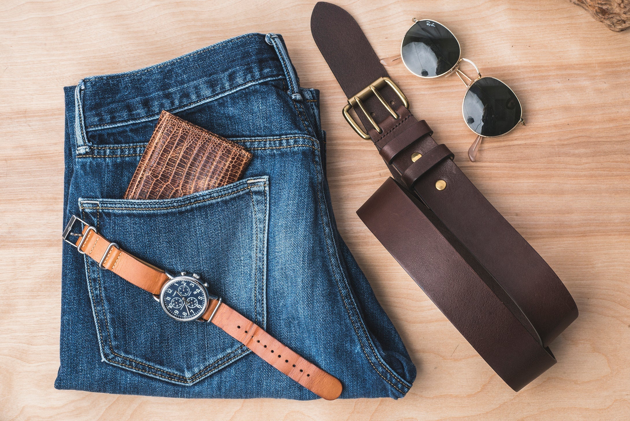 Double Prong Jean Belt One And A Half Inch Leather Cognac