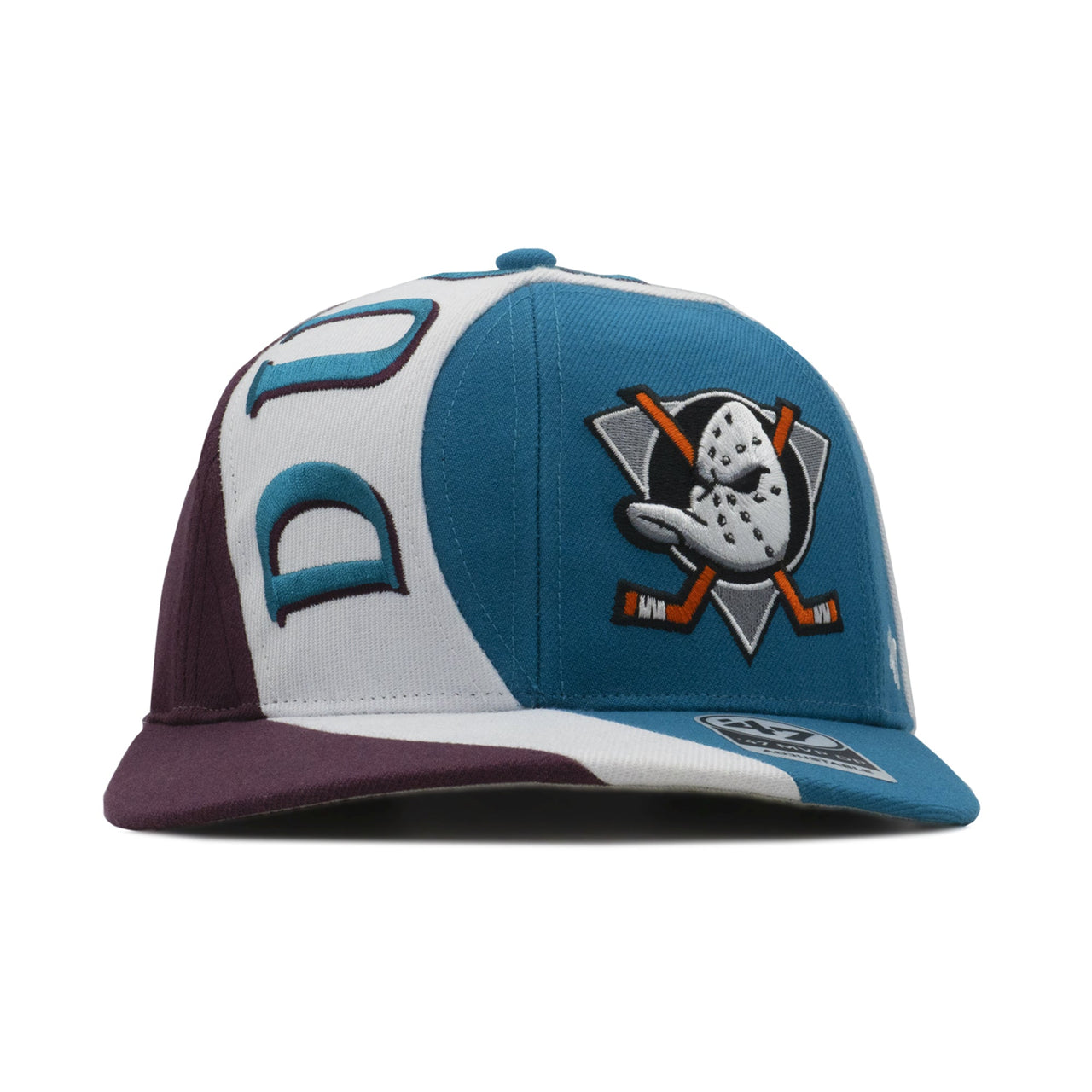 Maroon, white, and teal snapback featuring Anaheim Ducks logo by 47 Brand