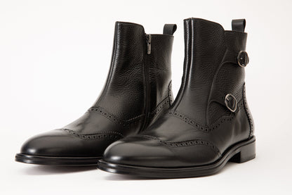 The Rand Black Leather Double Buckle Brogue Men Boot with a Zipper