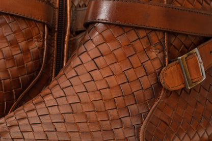 The Morral Tan Handwoven Leather Cross Strap Buckle Zip-Up Men Boot