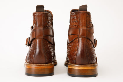 The Morral Tan Handwoven Leather Cross Strap Buckle Zip-Up Men Boot
