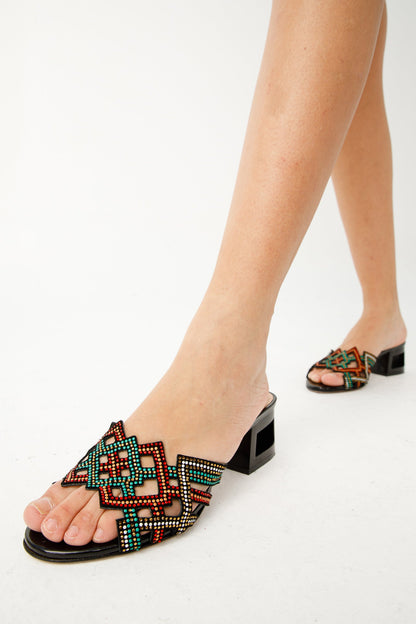 The Palma Black Glitter Leather Block Heel Women Sandal