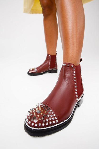 The Vuvulane Burgundy Spike Leather Ankle Women  Boot