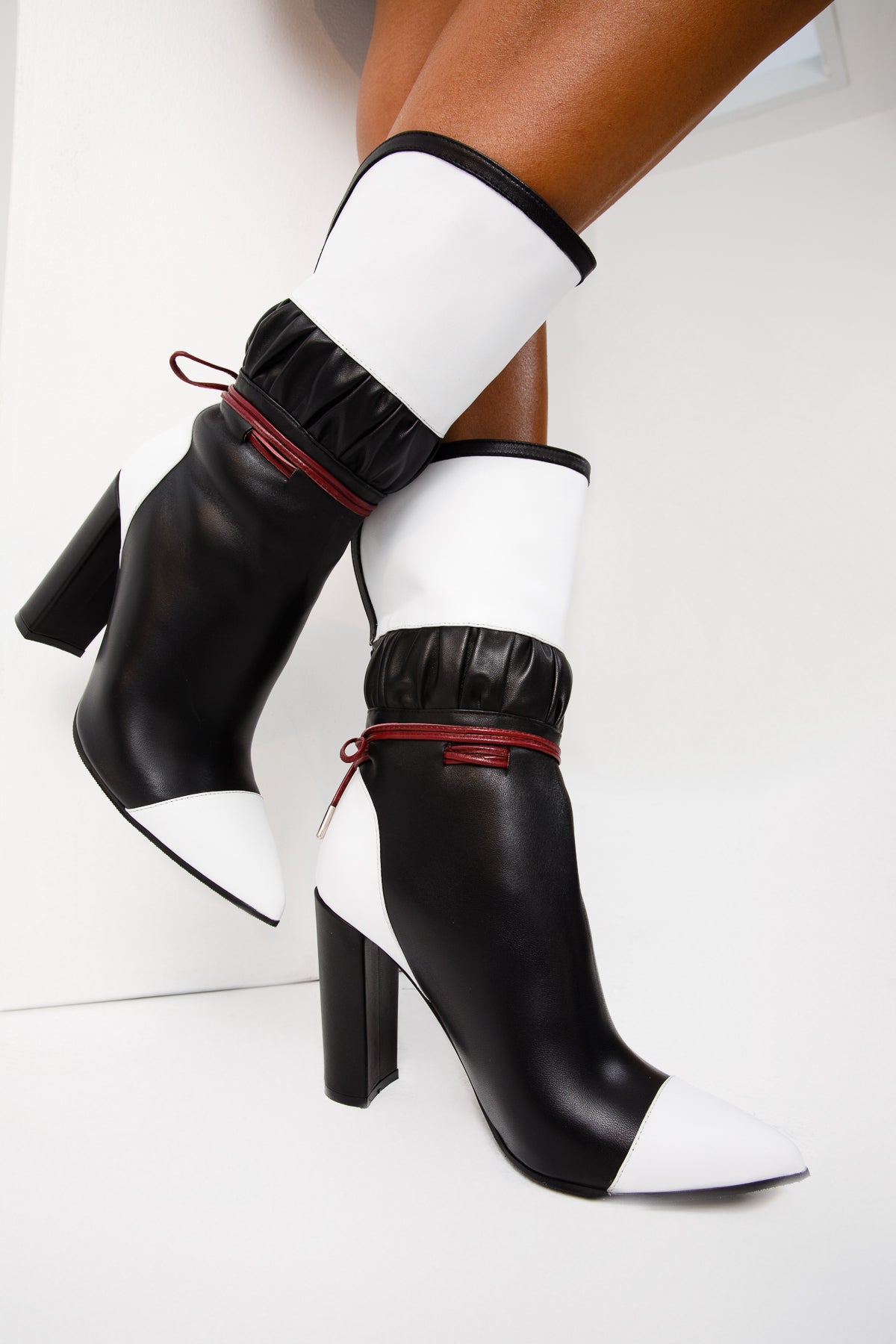 The Lucca Black & White Leather Mid Calf High Heel Women Boot Limited Edition