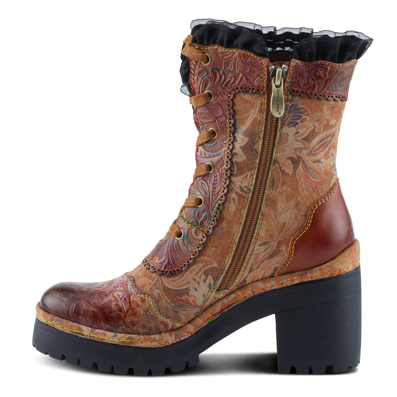 L'ARTISTE ELAINETEN BOOTS in brown leather with floral embroidery and stacked heel