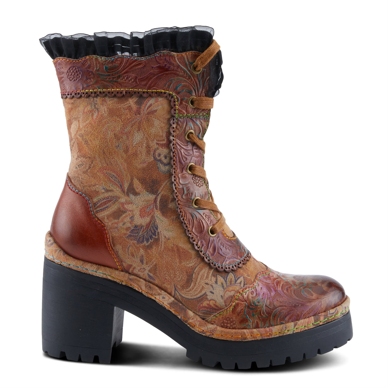 L'ARTISTE ELAINETEN BOOTS in rich burgundy leather with intricate stitching and vintage-inspired design