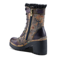 Thumbnail for  Pair of L'ARTISTE ELAINETEN BOOTS in olive green with hand-painted floral details and stacked heel