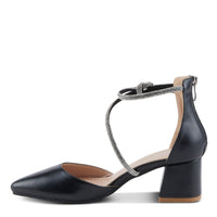 Thumbnail for Close-up of black leather Patrizia Eluned shoes with gold buckle and comfortable cushioned insole 