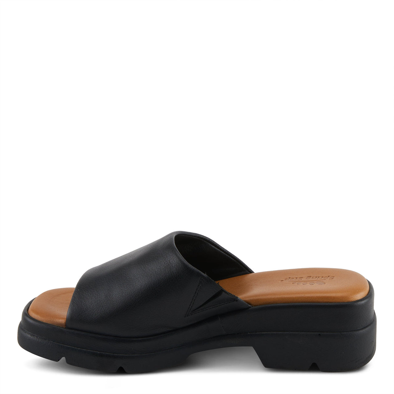 Pair of women's black leather Spring Step Fireisland sandals with comfortable cushioned footbed and adjustable buckle strap
