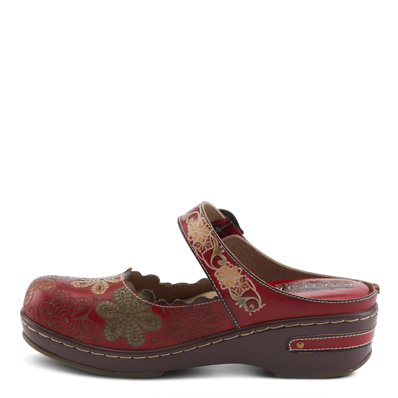 L'ARTISTE FLOCHINO CLOGS in brown leather with floral cutouts and adjustable strap