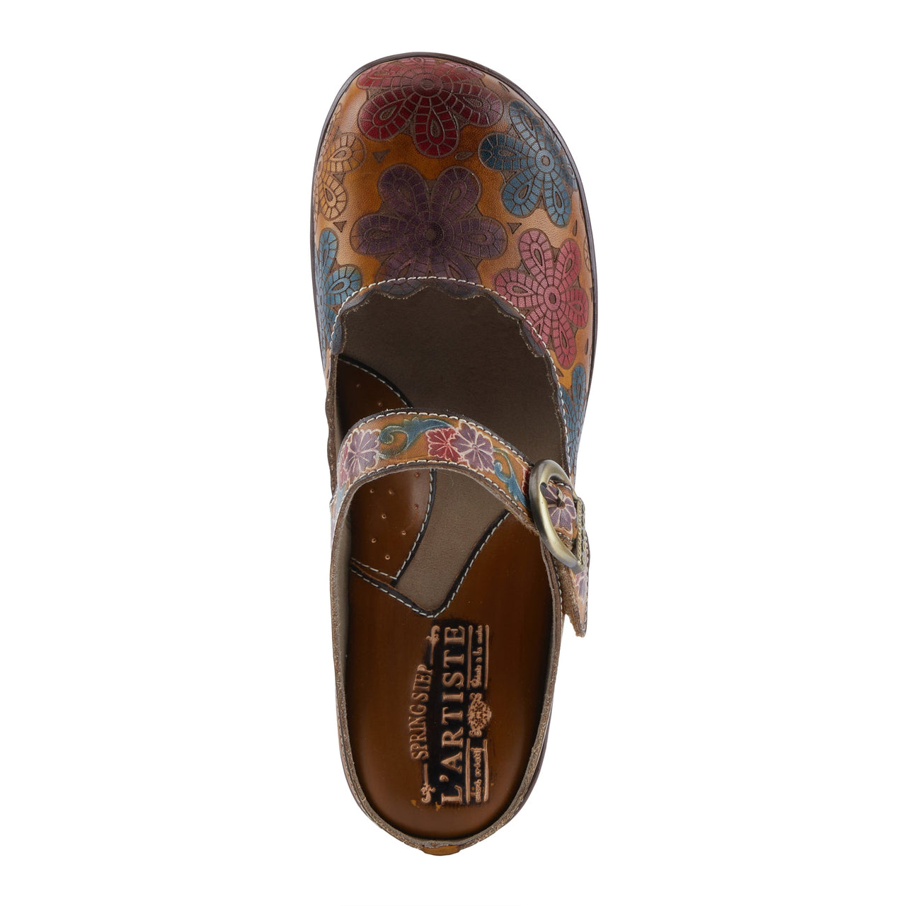 L'ARTISTE FLOCHINO CLOGS in teal and multi-color hand-painted leather design