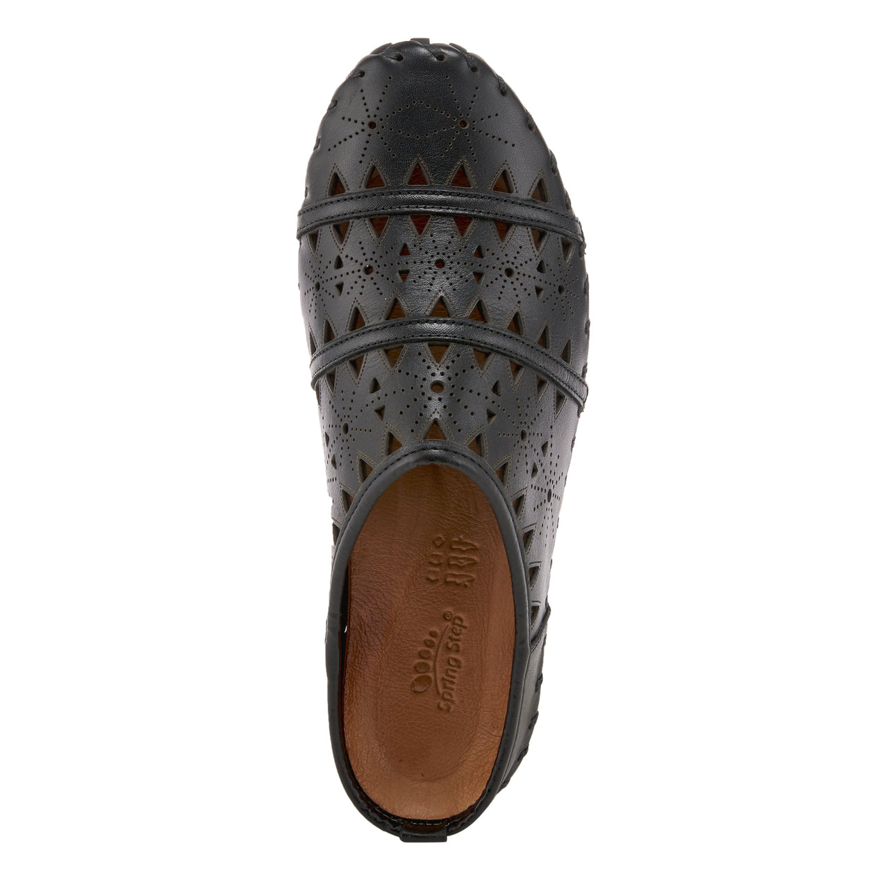 Black leather slip-on clog shoe with spring step technology and comfortable design