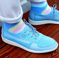 Thumbnail for Pair of Johnny Famous Bally Style Midtown Men's Baby Blue Suede Low Tops, styled with jeans and a white shirt