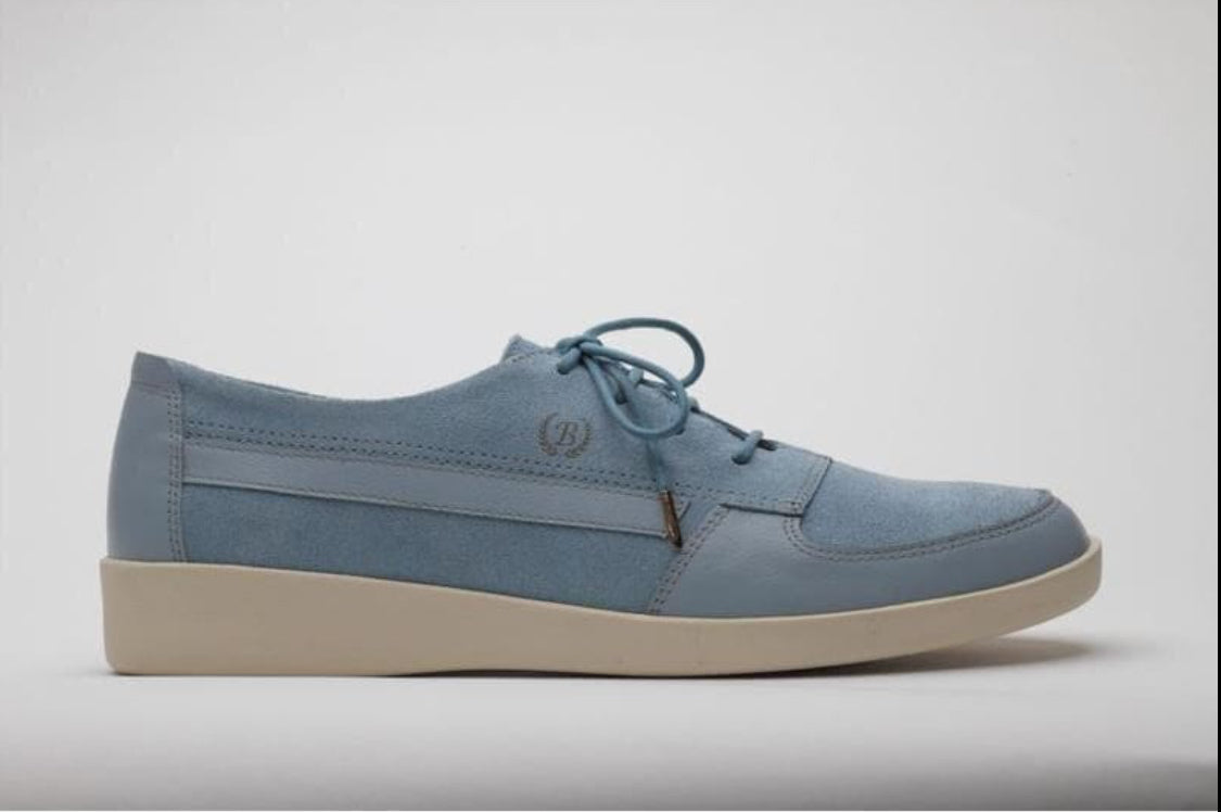 Johnny Famous Bally Style Midtown Men's Baby Blue Suede Low Tops, side view showing suede material and stitching details