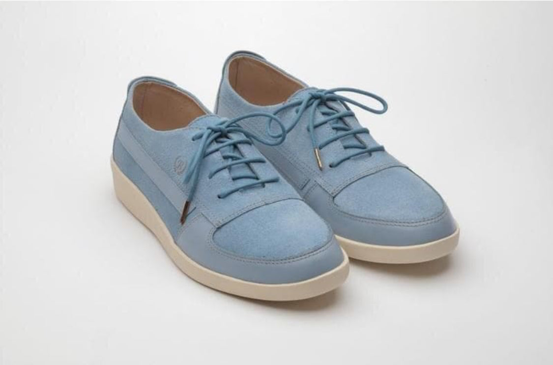 Johnny Famous Bally Style Midtown Men's Baby Blue Suede Low Tops, front view with white laces and rubber sole