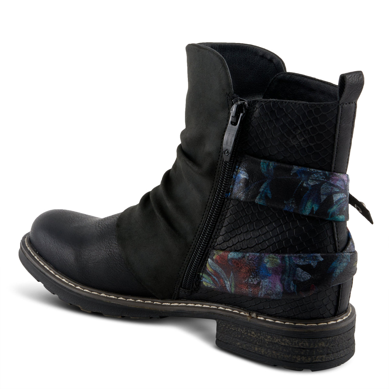 Black suede knee-high boots with floral embroidery and chunky heel