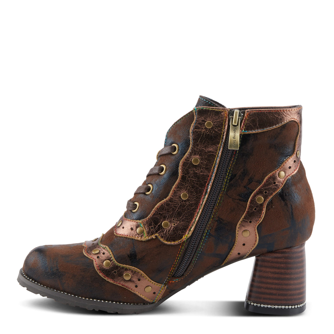 Alt text: L'ARTISTE HAISLEY BOOTS, a pair of hand-painted leather boots with intricate floral designs and a comfortable stacked heel, perfect for adding a touch of artistry and style to any outfit