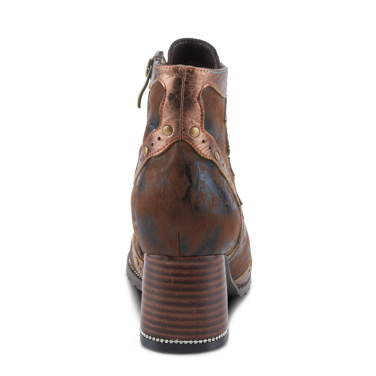 Pair of stylish L'ARTISTE HAISLEY BOOTS in rich brown leather with intricate floral embroidery and comfortable stacked heel