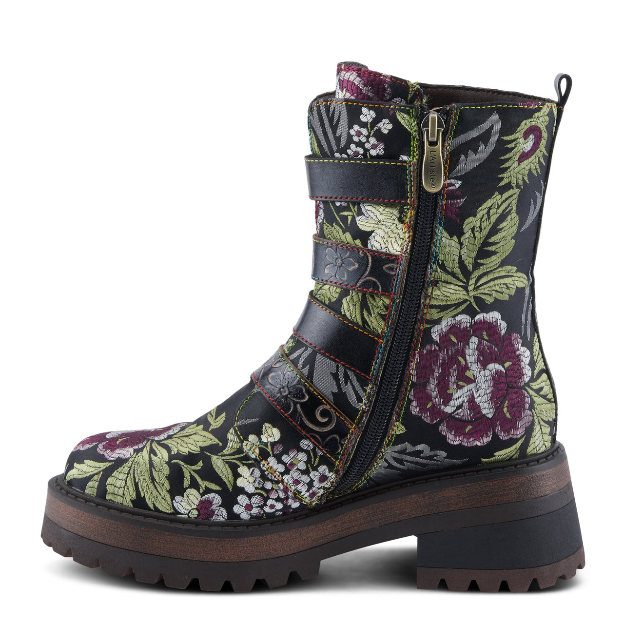 L'ARTISTE HARUKO BOOTS in hand-painted brown leather, with floral embossing