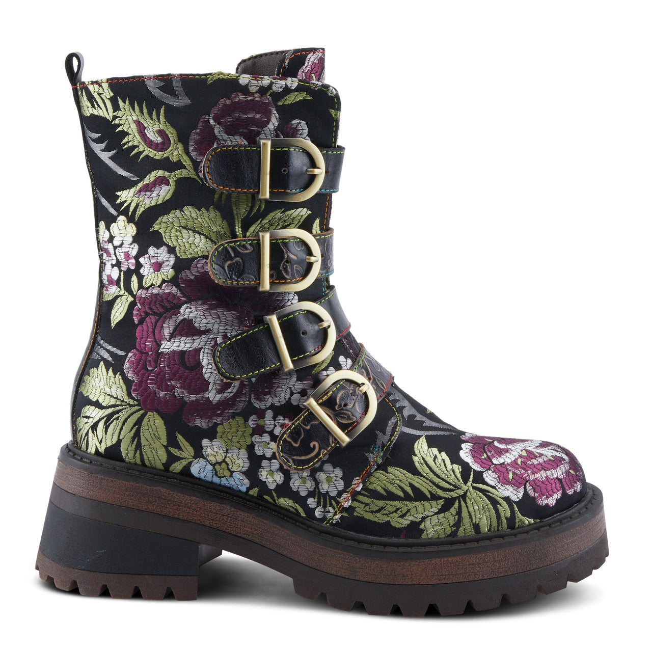 Pair of L'ARTISTE HARUKO BOOTS in brown leather with floral pattern